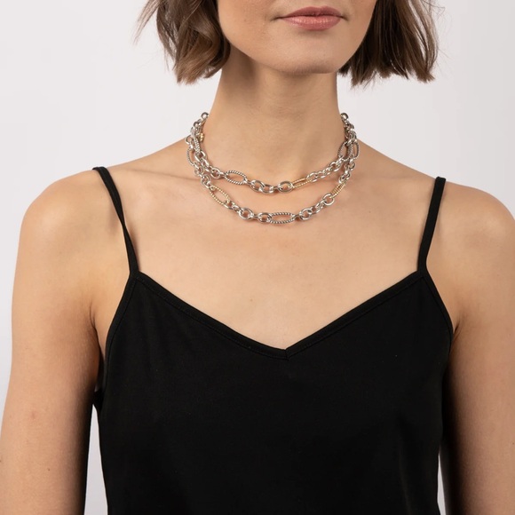 David Yurman 32” Oval Link 925 Sterling Silver 18K Gold Figaro Chain Necklace - Picture 2 of 10